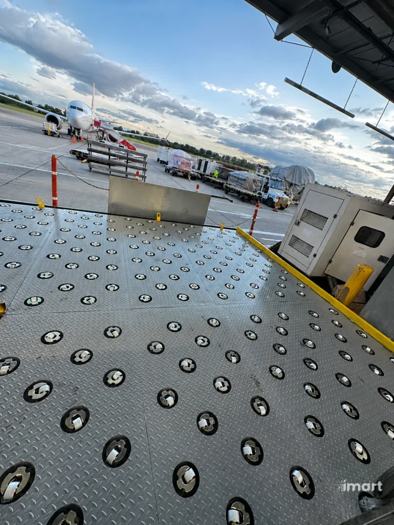 Plataforma Ball Transfer instalada en el andén de carga, con aeronave en la plataforma de estacionamiento.