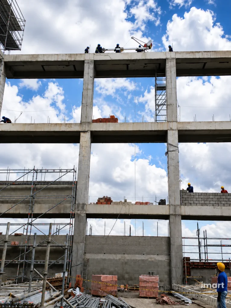 Izaje de un elemento estructural en altura durante el montaje de la cubierta.