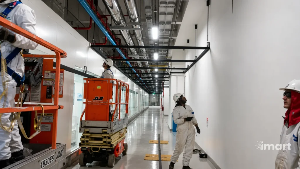Operarios en montaje interior de la zona limpia del edificio