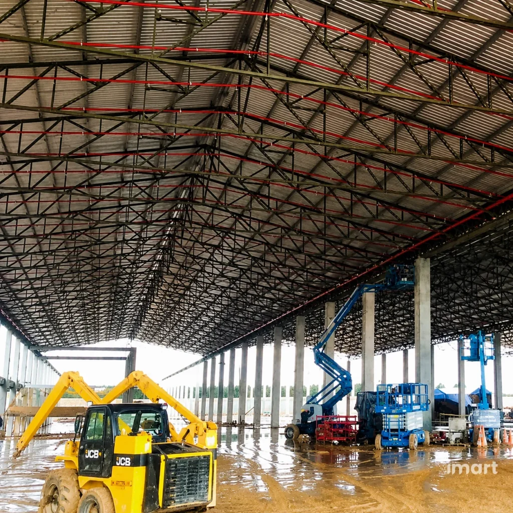 Estructura met&aacute;lica de cubierta con maquinaria pesada en obra