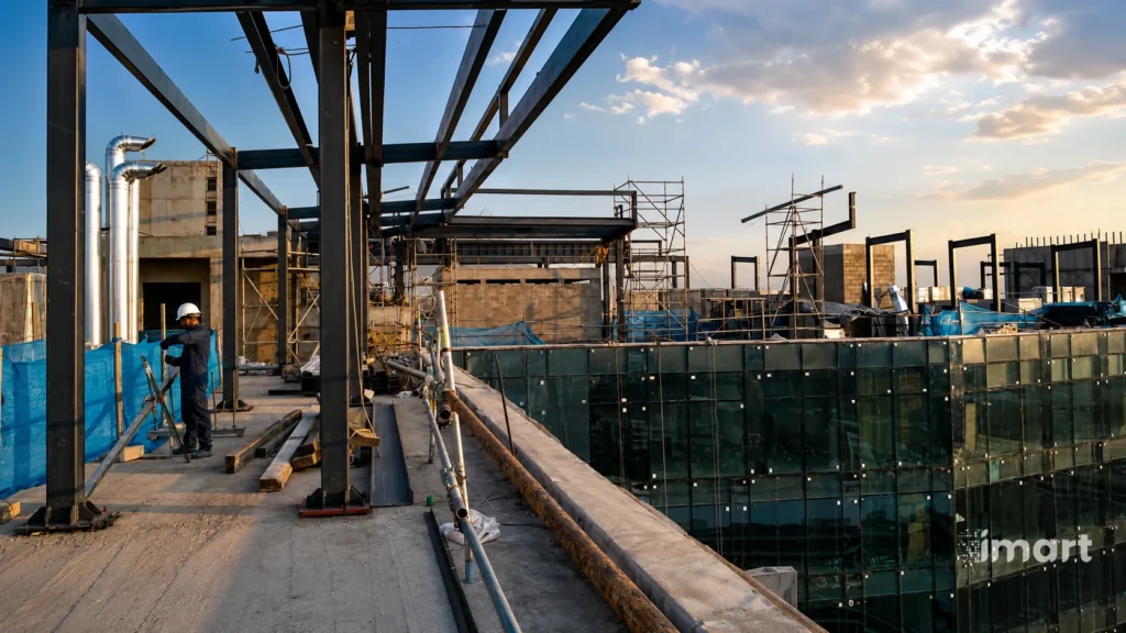 Estructura met&aacute;lica con operario y cerramiento verde en obra