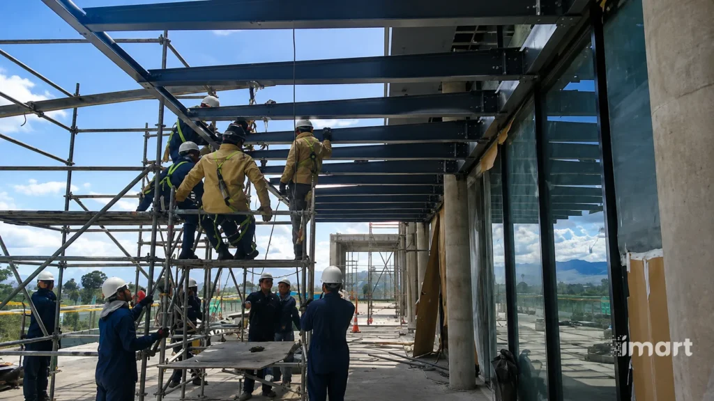 Equipo de trabajo montando estructura met&aacute;lica con andamio