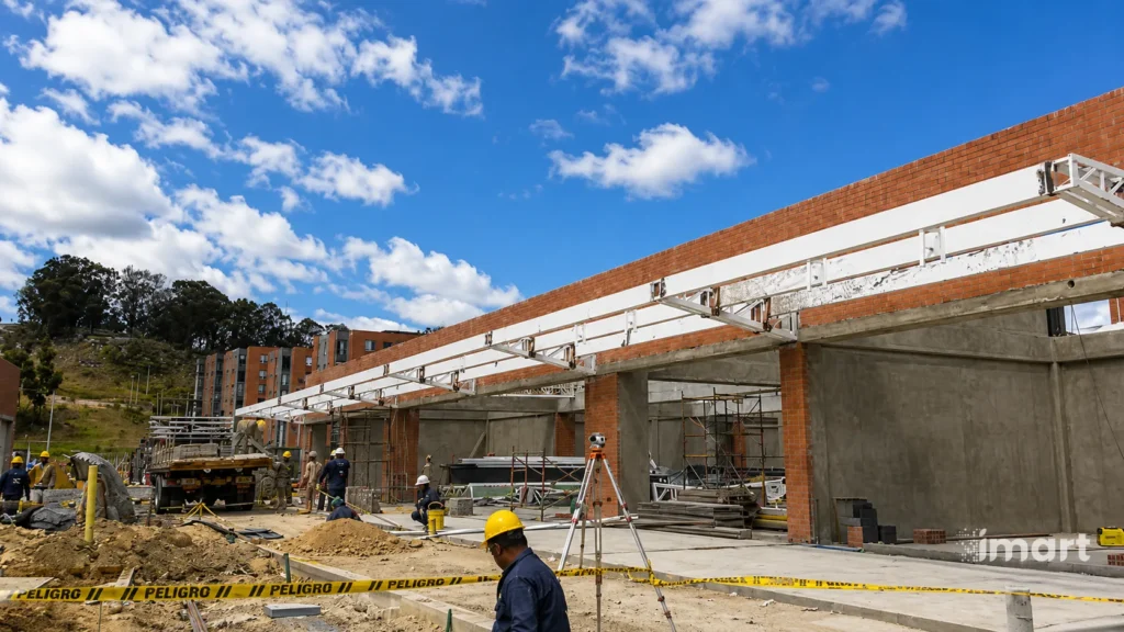Avance de la estructura de cubierta sobre los muros en mampostería del centro comercial.