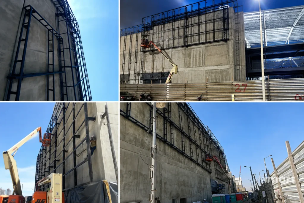 Instalación de la estructura metálica de fachada, en distintas etapas de avance.
