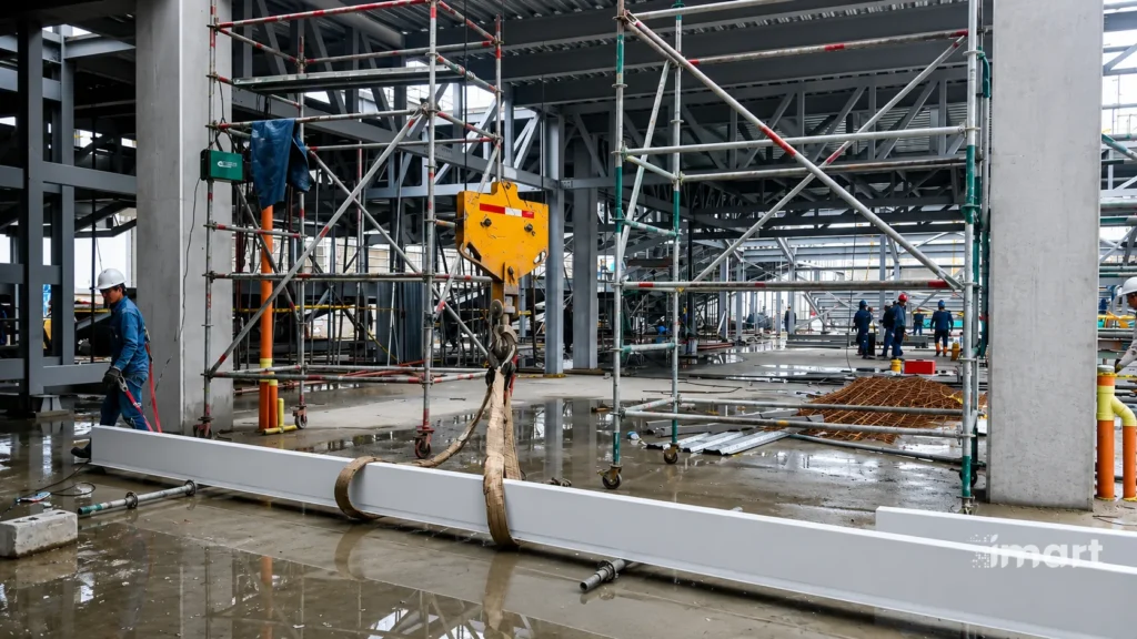 Izaje de un elemento estructural en el interior, durante el montaje de vigas.