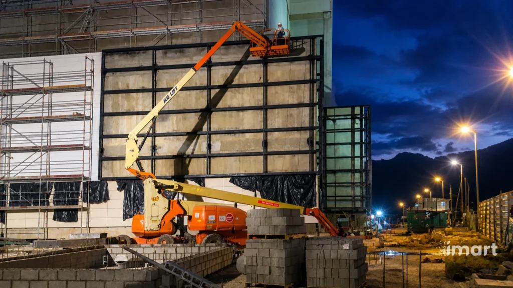 Plataforma elevadora trabajando en fachada al atardecer, con los cerros de Bogotá de fondo.
